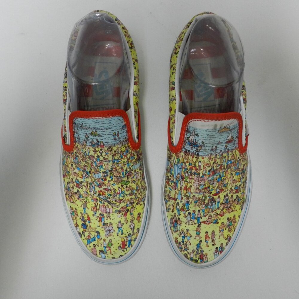 Vans Slip-On Sneakers Yellow Beach Crowd Print with Red Trim - Picture 4 of 11